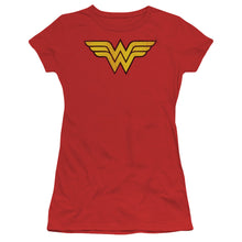 Load image into Gallery viewer, Wonder Woman Logo Dist Short Sleeve Junior Sheer
